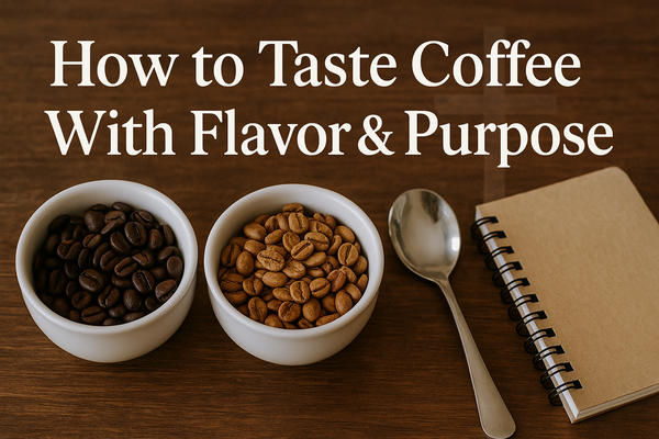 Coffee tasting setup with light and dark roast beans, a notebook, and cupping spoon on rustic wood, showing how to taste coffee with flavor and purpose.