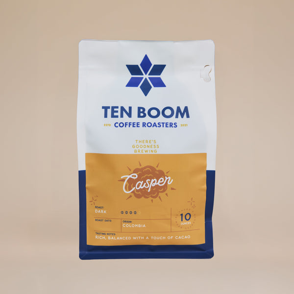 Coffee bag from Ten Boom Coffee Roasters with 'Casper' branding on a beige background