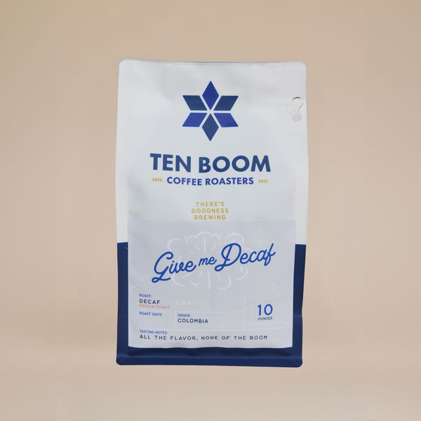 Coffee package from Ten Boom Coffee Roasters on a beige background