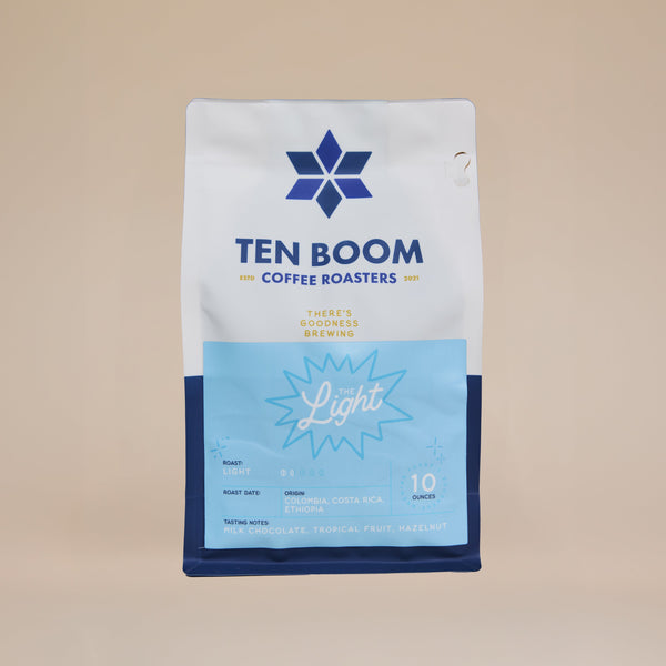 Coffee bag from Ten Boom Coffee Roasters on a beige background