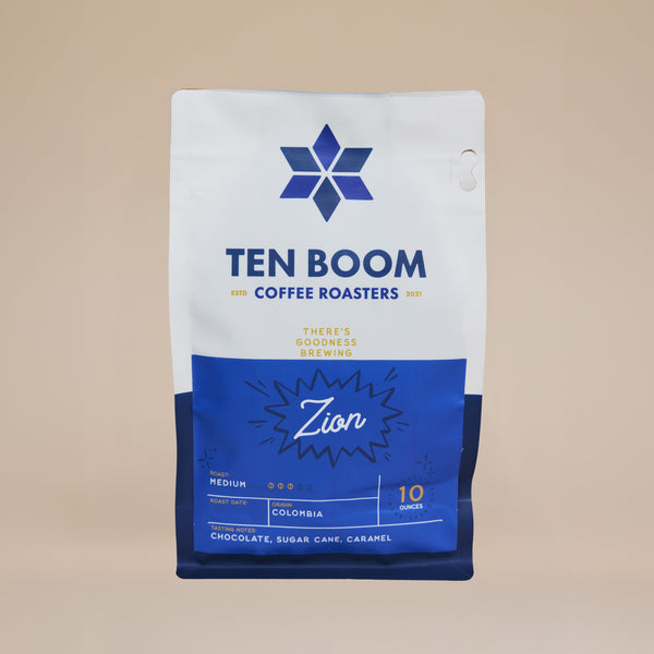 Coffee bag from Ten Boom Coffee Roasters on a beige background